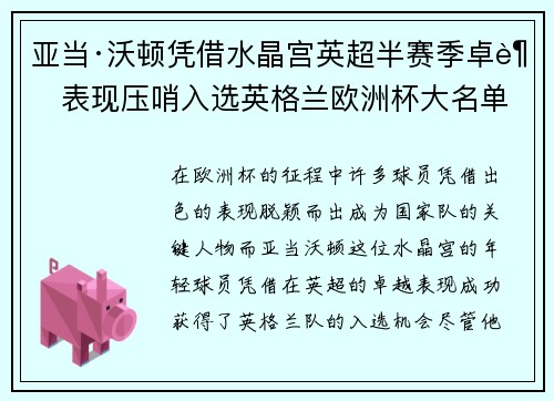 亚当·沃顿凭借水晶宫英超半赛季卓越表现压哨入选英格兰欧洲杯大名单