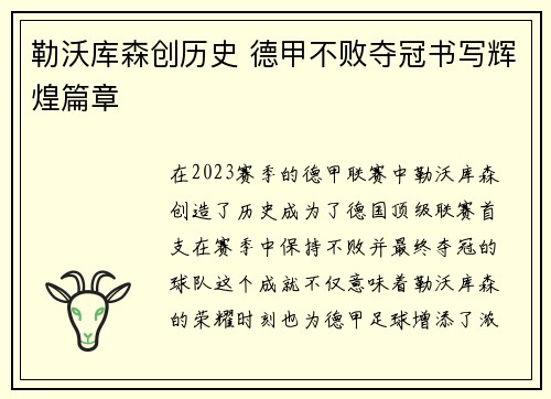 勒沃库森创历史 德甲不败夺冠书写辉煌篇章